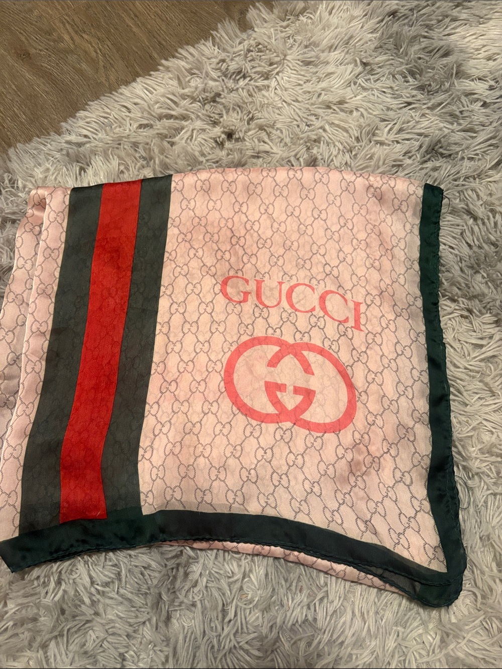 Gucci Pink Silk Logo Scarf with Red and Green Stripes